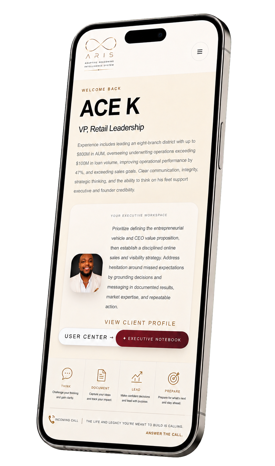 Phone displaying the personalized ARIS executive dashboard
